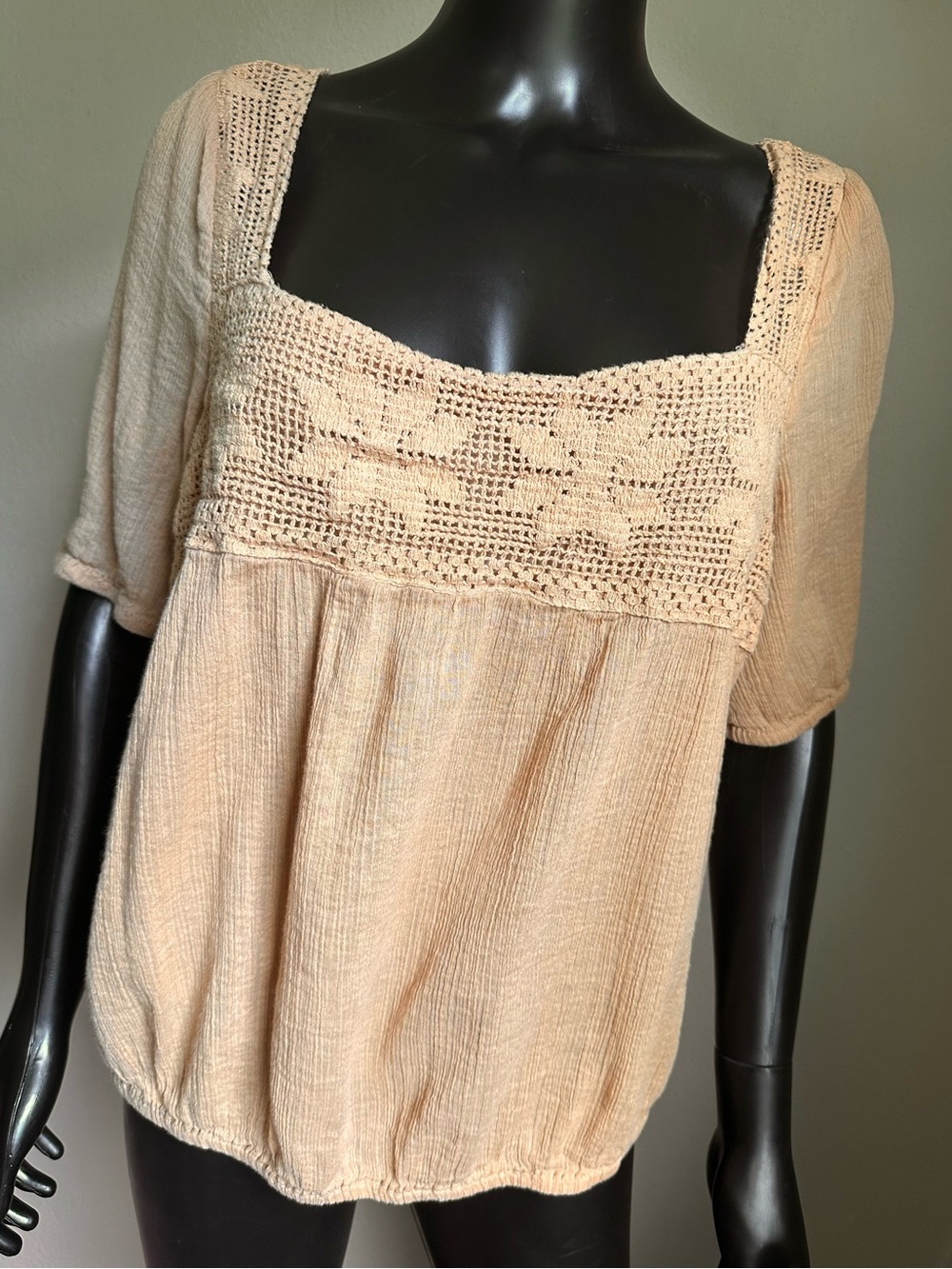 Passport Cotton Tan Crochet-Trim Scoop Neck Blouse